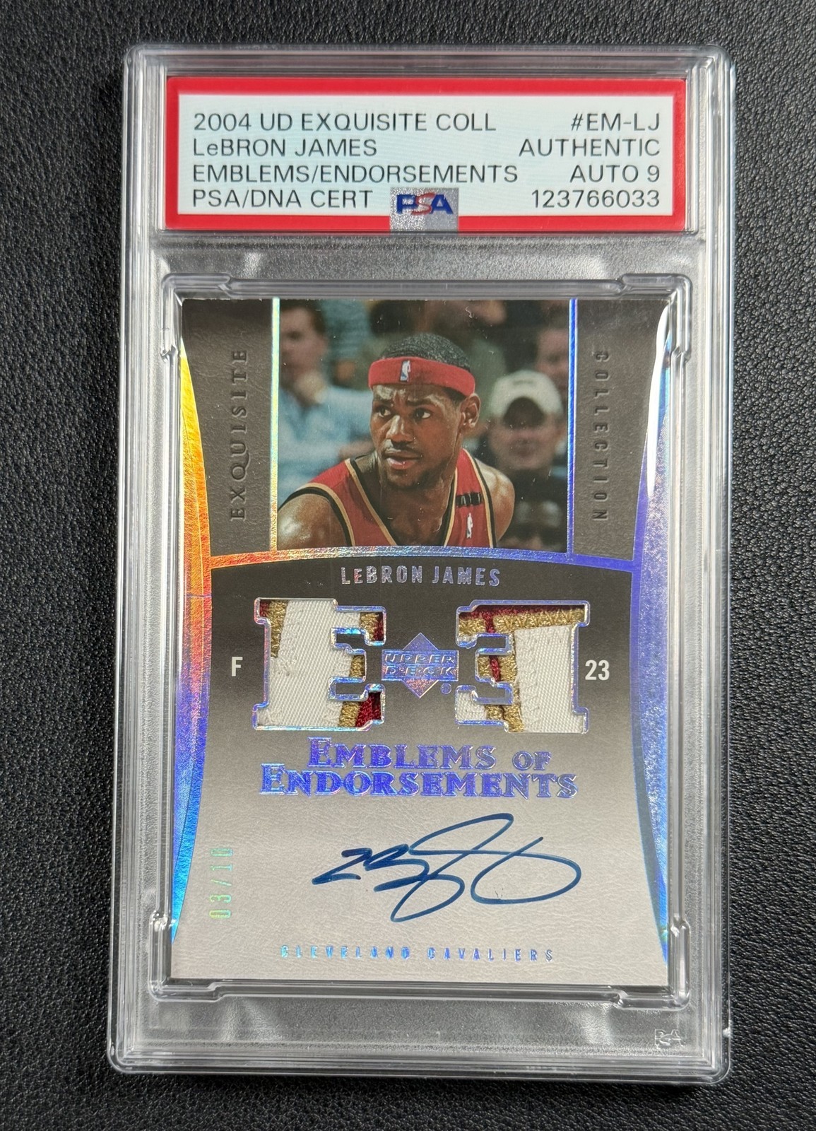 LEBRON JAMES PSA AUTH 2005 EXQUISITE EMBLEMS OF ENDORSEMENTS PATCH AUTO 3/15