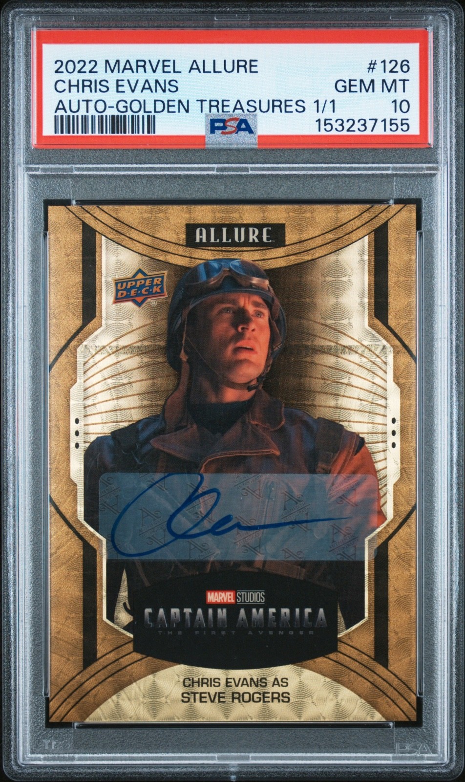 2022 UD Marvel Allure Chris Evans Auto Autograph Golden Treasures #d 1/1 PSA 10