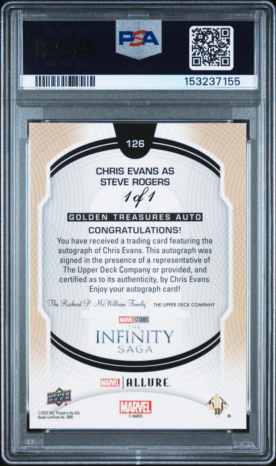 2022 UD Marvel Allure Chris Evans Auto Autograph Golden Treasures #d 1/1 PSA 10 view 2